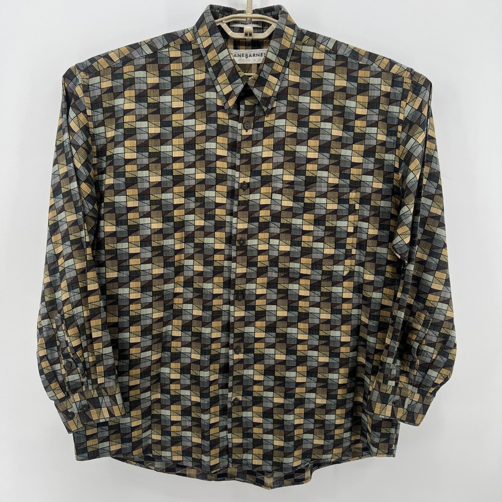 Jhane Barnes Mens Geometric Button Up Shirt Woven In Japan Size Large Long Slv